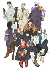Rule 34 | 3girls, 6+boys, black hair, black smydra, black suit, blindfold, blonde hair, blue hair, blue smydra, bob cut, braid, brown coat, brown hair, brown shoes, coat, commentary request, crossed legs, cursed energy (jujutsu kaisen), datto (jujutsu kaisen), father and son, formal clothes, fushiguro megumi, fushiguro touji, gojou satoru, green smydra, gyokuken, high collar, high heels, highres, holding, holding phone, ieiri shoko, indian style, ino takuma, itadori yuuji, jujutsu kaisen, jujutsu tech uniform, kugisaki nobara, kusakabe atsuya, lab coat, long hair, mask, mei mei (jujutsu kaisen), monster strike, multiple boys, multiple girls, nanami kento, necktie, neo galaxon, on shoulder, oragon, pantyhose, phone, pink hair, profile, rabbit, red smydra, shoes, sitting, smile, spiked hair, suit, sweater tucked in, takeuchi ryousuke, white hair, white smydra