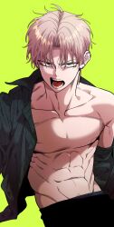 1boy absurdres black_pants black_shirt blue_eyes childhood_friend_complex eunhi green_background highres kim_mincheol long_hair looking_at_viewer muscular muscular_male official_art open_clothes open_mouth open_shirt pants pectorals shirt simple_background sitting solo white_hair