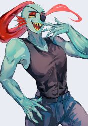 Rule 34 | 1160 coffee, 1girl, black shirt, blue skin, colored sclera, colored skin, cowboy shot, denim, eyepatch, highres, jeans, laughing, looking at viewer, muscular, muscular female, open mouth, pants, sharp teeth, shirt, simple background, sleeveless, sleeveless shirt, smile, solo, teeth, undertale, undyne, white background, yellow sclera