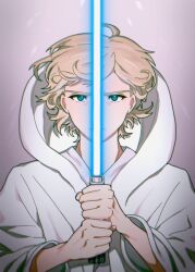 Rule 34 | 1boy, absurdres, blonde hair, blue eyes, blue lightsaber, closed mouth, commentary, energy sword, english commentary, grey background, highres, holding, hood, hood up, hooded robe, lightsaber, long sleeves, looking at viewer, luke skywalker, male focus, n3ss 0, robe, simple background, solo, star wars, sword, upper body, weapon, white robe, wide sleeves