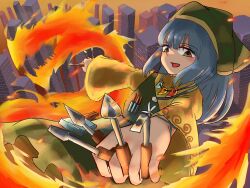Rule 34 | 1girl, apron, aura, between fingers, blue hair, chisel, cityscape, dress, fiery aura, fire, floating, from above, from side, green apron, green eyes, green headscarf, haniyasushin keiki, headscarf, highres, holding, holding chisel, idomizu oishi, long hair, looking at viewer, open mouth, reaching, reaching towards viewer, smile, solo, tools, touhou, yellow dress