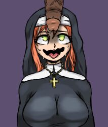 Rule 34 | ahegao, black dress, breasts, collarbone, cross, crucifix, dark-skinned male, dark skin, dress, female pervert, green eyes, highres, nun, nun veil, penis, penis awe, penis on face, pervert, red hair, sweat, sweatdrop, tongue, tongue out, veil, veins, veiny penis