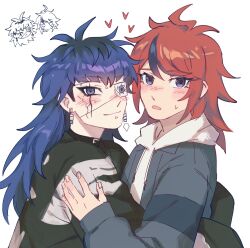 2girls ahoge black_hair blue_eyes blue_hair blush bridge_piercing closed_mouth collar ear_piercing earrings eyebrow_piercing eyepatch face_piercing female_focus fingernails genderswap genderswap_(mtf) heart highres hood hoodie hug japanese_clothes jewelry lips long_hair long_sleeves looking_at_viewer messy_hair multicolored_hair multiple_girls omokage_yugamu one_eye_covered open_mouth piercing red_eyes red_hair simple_background sumino_takumi the_hundred_line_-last_defense_academy- white_background white_hoodie yuri
