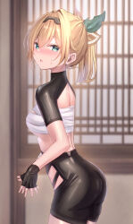 1girl absurdres bike_shorts black_gloves black_hairband black_shorts black_shrug blonde_hair blurry blurry_background blush bow breasts chest_sarashi commentary_request double-parted_bangs fingerless_gloves from_side gloves green_eyes hair_between_eyes hair_bow hairband high-waist_shorts high_collar highres hip_vent hololive indoors kazama_iroha kazama_iroha_(1st_costume) kuronekootuta looking_at_viewer median_furrow medium_breasts multicolored_bow open_mouth ponytail sarashi short_hair short_sleeves shorts shrug_(clothing) solo virtual_youtuber