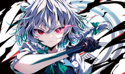 Rule 34 | 1girl, black gloves, blue vest, bow, braid, closed mouth, collared shirt, commentary, eye trail, gloves, green bow, grey hair, hair bow, highres, holding, holding knife, izayoi sakuya, knife, light trail, looking at viewer, maid headdress, medium hair, puffy short sleeves, puffy sleeves, red eyes, shirt, short sleeves, side braids, solo, touhou, upper body, v-shaped eyebrows, vest, white shirt, yamanakaume