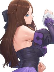 1girl bare_shoulders blue_eyes blush breasts brown_hair detached_sleeves dress fate/grand_order fate_(series) forehead highres large_breasts leonardo_da_vinci_(fate) long_hair looking_at_viewer parted_bangs purple_dress ranma_(kamenrideroz) solo