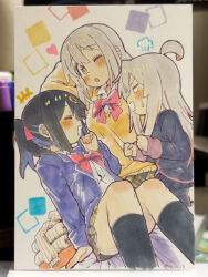 Rule 34 | +++, 3girls, ;o, ahoge, black hair, black jacket, black skirt, black socks, blank eyes, blue hair, blush, bow, bowtie, clenched hands, closed eyes, commentary request, family, grey hair, hair between eyes, hair ornament, hairclip, heart, highres, jacket, kneehighs, laughing, long hair, long sleeves, matado (almukha), miniskirt, mother and daughter, multicolored hair, multiple girls, one eye closed, onii-chan wa oshimai!, oyama mahiro, oyama matsuri, oyama mihari, photo (medium), plaid clothes, plaid skirt, pleated skirt, puff of air, red bow, red bowtie, ribbed sweater, school uniform, shirt, siblings, sisters, sitting, skirt, socks, sweatdrop, sweater, traditional media, twintails, two-tone hair, unworn sweater, white shirt, white sweater, yellow sweater