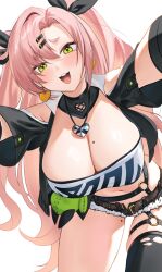 Rule 34 | 1girl, :d, absurdres, belt, black shorts, blush, breasts, cleavage, commentary, crop top, earrings, green eyes, hair ornament, hairclip, heart, heart earrings, highres, jewelry, large breasts, leaning forward, long hair, looking at viewer, midriff, mole, mole on breast, mole under eye, moobong, navel, nicole demara, o-ring, o-ring belt, open mouth, pendant, pink hair, short shorts, shorts, simple background, single thighhigh, smile, solo, symbol-only commentary, thighhighs, very long hair, white background, zenless zone zero