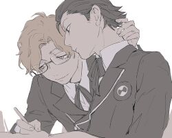 Rule 34 | 2boys, black hair, brown eyes, brown hair, collared shirt, commentary request, curtained hair, flat color, gekkoukan high school uniform, glasses, hair slicked back, hand on another&#039;s neck, hiraga keisuke, holding, holding pen, isa (peien516), jacket, lapels, long sleeves, male focus, multiple boys, neck ribbon, notched lapels, odagiri hidetoshi, pen, persona, persona 3, ribbon, rimless eyewear, school emblem, school uniform, shirt, simple background, suit jacket, upper body, wavy hair, white background, wing collar, writing