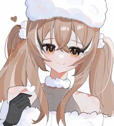 1girl alternate_costume alternate_hairstyle black_gloves brown_eyes brown_hair crossed_bangs fur_hat fur_trim gloves hair_between_eyes halterneck hana20000920 hat heart highres hololive hololive_english looking_at_viewer multicolored_hair nanashi_mumei pom_pom_(clothes) portrait streaked_hair twintails ushanka virtual_youtuber