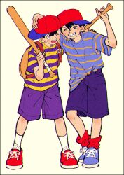 Rule 34 | 2boys, backpack, bag, baseball bat, baseball cap, black border, black hair, blue footwear, blue shorts, border, full body, grin, hair between eyes, hat, highres, holding, holding baseball bat, kwsby 124, male focus, mother (series), mother 1, mother 2, multiple boys, ness (mother 2), ninten, nintendo, one eye closed, open mouth, red footwear, red hat, red socks, shirt, shoes, short sleeves, shorts, sideways hat, simple background, smile, sneakers, socks, standing, striped clothes, striped shirt, teeth, upper teeth only, white socks, yellow background