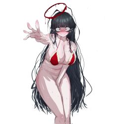1girl bikini bikini_top_only black_hair blood blood_halo blue_archive blush breasts commentary_request covering_crotch covering_privates fur-trimmed_bikini fur_trim halo highres huge_breasts korean_commentary liquid_halo long_hair navel neruvillan56073 nervous_smile outstretched_arm pale_skin red_bikini red_eyes simple_background smile solo swimsuit tears tsurugi_(blue_archive) white_background wide-eyed