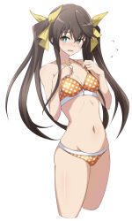 1girl absurdres bikini breasts brown_hair cleavage cowboy_shot cropped_legs embarrassed flying_sweatdrops green_eyes groin highres huang_lingyin infinite_stratos long_hair looking_at_viewer navel nishizuki_shino orange_bikini polka_dot polka_dot_bikini simple_background small_breasts solo standing swimsuit twintails white_background
