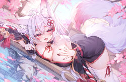 1girl absurdres alllisso animal_ears blush breasts cherry_blossoms fangs fox_ears fox_tail highres huge_breasts indie_virtual_youtuber kitsune non-web_source reflection reflective_water satsuki_mei_(vtuber) short_eyebrows skin_fangs solo tail thick_thighs thighs virtual_youtuber water
