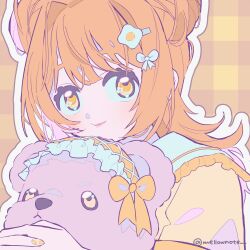 artist_name bow closed_mouth eyelashes fingernails fried_egg frills hair_bow hair_ornament hairclip headdress highres indie_virtual_youtuber light_smile lips long_hair looking_at_viewer mellownote nail_polish orange_hair square stuffed_animal stuffed_toy teddy_bear twitter_username virtual_youtuber white_bow wispy_bangs yellow_bow yellow_eyes yellow_nails