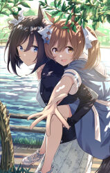 2girls alternate_costume animal_ears branch brown_hair carrying carrying_person casual closed_mouth eishin_flash_(umamusume) hair_between_eyes hair_ornament highres horse_ears horse_girl horse_tail lake leaf medium_hair multiple_girls murasaki_himuro reaching reaching_towards_viewer smart_falcon_(umamusume) smile tail tree umamusume