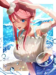 1girl ;o beach blush breasts crop_top dark-skinned_female dark_skin large_breasts looking_at_viewer midriff nintendo ocean one_eye_closed pokemon pokemon_masters_ex red_hair skyla_(pokemon) skyla_(summer_2025)_(pokemon) tyotto22 water