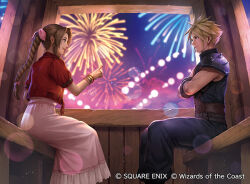 1boy 1girl aerial_fireworks aerith_gainsborough armor bow braid braided_ponytail brown_hair cloud_strife commentary copyright_notice cropped_jacket crossed_arms dress ferris_wheel_interior final_fantasy final_fantasy_vii final_fantasy_vii_remake fireworks fuji_q hair_bow jacket looking_at_another magic:_the_gathering official_art pink_bow pink_dress red_jacket shoulder_armor sitting sleeveless sleeveless_turtleneck turtleneck variant_set