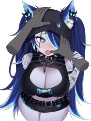 1girl absurdres animal_ear_fluff animal_ears belt black_belt black_hat black_shirt black_shorts blue_eyes blue_hair blue_nails breasts cleavage_cutout clothing_cutout crop_top face_piercing hair_over_one_eye hat headpat heart heart-shaped_pupils highres indie_virtual_youtuber large_breasts lip_piercing long_hair looking_at_viewer multicolored_hair nail_polish open_mouth piercing second-party_source shirt short_shorts shorts sky_above_me sleeveless sleeveless_shirt spite_(vtuber) spite_(vtuber)_(3rd_costume) streaked_hair symbol-shaped_pupils tongue tongue_out virtual_youtuber white_background wolf_ears wolf_girl