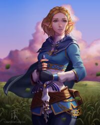 1girl belt_pouch black_gloves blonde_hair blue_cape blue_shirt braid breasts broken broken_sword broken_weapon cape cloud commentary corruption cowboy_shot crown_braid english_commentary fingerless_gloves forehead gloves grass green_eyes hair_ornament hairclip highres holding holding_sword holding_weapon hood hooded_coat looking_to_the_side master_sword medium_breasts nintendo outdoors pants parted_bangs parted_lips pointy_ears pouch princess_zelda shirt short_hair sky solo sword the_legend_of_zelda the_legend_of_zelda:_tears_of_the_kingdom thick_eyebrows tommy_worthington triforce watermark weapon web_address wind