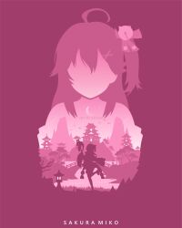 1girl absurdres ahoge architecture artist_name bell bird bridge character_name crescent_moon east_asian_architecture hair_bell hair_ornament highres hololive long_hair moon multiple_views one_side_up pink_theme rezami sakura_miko sakura_miko_(1st_costume) silhouette standing standing_on_one_leg tree virtual_youtuber water