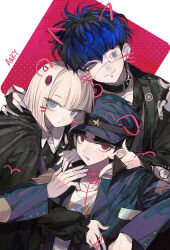1girl 2boys absurdres animal_ears animal_print anzekeye artist_name black_cape black_hair black_haori blonde_hair blue_eyes blue_hair blue_hat blue_jacket bob_cut cape chinese_commentary choker closed_mouth commentary earrings english_commentary eye_print eyepatch eyeshadow face_piercing gradient_hair hair_ornament haori hat highres hug hug_from_behind jacket japanese_clothes jewelry kimono labret_piercing looking_at_viewer makeup maruko_gaku mixed-language_commentary multicolored_hair multiple_boys omokage_yugamu oosuzuki_kurara open_mouth piercing print_eyepatch red_background red_eyes shirt short_hair smile spider_print the_hundred_line_-last_defense_academy- upper_body white_background white_shirt