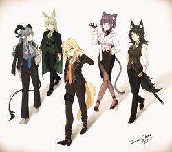 5girls absurdres alternate_costume animal_ear_fluff animal_ears arknights ave_mujica_(bang_dream!) bang_dream! bang_dream!_it&#039;s_mygo!!!!! black_boots black_gloves black_jacket black_pants black_shirt black_shoes black_skirt blonde_hair blue_necktie boots breasts brown_hair brown_pants cat_ears cat_girl cat_tail commentary_request demon_girl demon_horns demon_tail dog_ears dog_girl dog_tail earrings gloves green_hair green_necktie highres horns jacket jewelry kemonomimi_mode long_hair looking_at_viewer medium_breasts medium_hair misumi_uika multiple_girls necktie open_clothes open_jacket orange_necktie pants pantyhose purple_hair rabbit_ears rabbit_girl shadow sheath sheathed shinoharsushiro shirt shoes single_earring skirt sword tail togawa_sakiko vest waistcoat wakaba_mutsumi weapon white_background white_shirt wolf_ears wolf_girl wolf_tail yahata_umiri yuutenji_nyamu