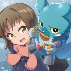 1boy 1girl :3 android animal_ears brown_hair digimon digimon_(creature) digimon_ghost_game espimon flying grin highres looking_at_viewer mechanical_arms rocket rocket_(projectile) scarf short_hair simple_background smile teeth toyuri_(angrm) udagawa_aoi upper_teeth_only yellow_eyes