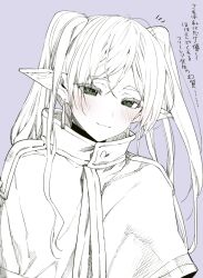 Rule 34 | 1girl, blush, capelet, closed mouth, commentary request, earrings, elf, frieren, green eyes, jewelry, long hair, looking at viewer, partially colored, pointy ears, purple background, shotan, simple background, solo, sousou no frieren, spot color, twintails, upper body