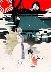 animal_ear_piercing animal_ears animal_hat black_hair blonde_hair blue_tabard cat_ears cat_tail chen cyclops dress fog fox_ears fox_mask fox_tail frilled_dress frilled_socks frills green_hat hand_on_own_chin hands_in_opposite_sleeves hat highres kitsune long_sleeves looking_at_viewer mask mob_cap multiple_tails nekomata one-eyed outdoors red_dress red_sky rope shide shimenawa short_hair signature sky socks squatting standing sunburst tabard tail touhou traditional_youkai tree two_tails white_dress white_socks yakumo_ran yamada_satoshi