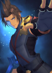 1boy armor asymmetrical_armor belt black_belt black_pants blue_background blue_eyes brown_hair commentary_request dutch_angle fighting_stance fingerless_gloves gloves grey_gloves grey_shirt hand_up highres holding holding_weapon keyblade kingdom_hearts light_particles looking_at_viewer male_focus pants pectorals reaching reaching_towards_viewer serious shirt short_hair shoulder_armor shoulder_strap solo spiked_hair terra_(kingdom_hearts) tight_clothes tight_shirt toned toned_male turtleneck turtleneck_shirt upper_body weapon yayokichi3