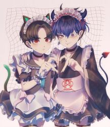 2boys animal_ears apron arm_around_shoulder black_hair blue_eyes blue_hair cat_ears cat_tail crossdressing demon_horns demon_tail earrings eyepatch face_piercing fingernails hair_between_eyes hand_on_another&#039;s_shoulder heart heart_hands heart_hands_duo highres horns jewelry lip_piercing looking_at_viewer maid maid_apron maid_headdress maruko_gaku multiple_boys omokage_yugamu one_eye_covered parted_bangs piercing red_eyes simple_background tail the_hundred_line_-last_defense_academy- thighhighs white_background yaoi