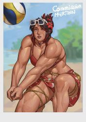 1girl abs artist_name beach bikini black_hair breasts choker cleavage eyewear_on_head facial_scar final_fantasy final_fantasy_xiv flower gold hair_flower hair_ornament highres m4rjinn multicolored_hair muscular muscular_female polaroid_photo red_eyes red_flower red_streaks rose_(havexiv) scar scar_on_cheek scar_on_face solo streaked_hair sunglasses swimsuit volleyball white-framed_eyewear