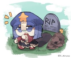 Rule 34 | 1girl, 7-mirano, black skirt, blue eyes, blue hair, blue hat, boots, chibi, chibi only, commentary, commission, english commentary, full body, fumo (doll), grave, hat, hat ornament, lace-trimmed sleeves, lace trim, miyako yoshika, newsboy cap, notice lines, ofuda, open mouth, outstretched arms, red boots, red shirt, rest in peace (phrase), sharp teeth, shirt, short hair, skirt, solo, standing, star (symbol), star hat ornament, teeth, tombstone, touhou, zombie pose