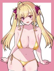 1girl arms_at_sides bare_shoulders bikini blush bow breasts cleavage collarbone cowboy_shot gold_bikini hair_bow highres large_breasts long_hair looking_at_viewer midriff nijisanji open_mouth orihojisan pink_background pink_eyes red_bow red_eyes side-tie_bikini_bottom solo swimsuit takamiya_rion thighhighs twintails two-tone_background white_background white_thighhighs