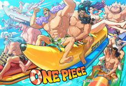 1girl 6+boys abs adjusting_eyewear animal aqua_hair arm_hair armpits arms_up avalo_pizarro banana_boat barefoot bead_necklace beads beard behind_another belly bikini black_facial_hair black_hair breasts burn_scar catarina_devon chest_hair closed_eyes copyright_name day doc_q earrings excited eyewear_on_head facial_hair floating_hair full_beard gauntlets giant giant_male grey_hair grin hand_on_eyewear hat height_difference highres hoop_earrings horns huge_breasts ice inflatable_raft jesus_burgess jewelry kuzan_(aokiji) lafitte_(one_piece) large_pectorals leg_hair long_beard long_hair long_nose looking_at_another male_focus male_swimwear marshall_d._teach mask missing_tooth multiple_boys muscular muscular_male mustache navel neck_piercing necklace nipples on_banana one_eye_closed one_piece open_mouth outdoors pale_skin pectorals pegasus piercing prosthesis prosthetic_leg purple_facial_hair purple_hair riding sanjuan_wolf scar scar_on_arm scar_on_chest shiryuu_(one_piece) size_difference smile stomach stronger_(one_piece) summer sunglasses swimsuit tan toes twitter_username van_augur vasco_shot very_long_hair water wings youkan_(tako)