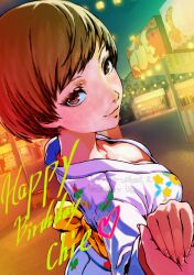 1girl absurdres breasts brown_eyes brown_hair cleavage festival highres holding_hands lips looking_at_viewer oeilvert_fft persona persona_4 satonaka_chie short_hair smile standing