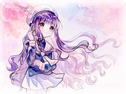 Rule 34 | 1girl, absurdres, beret, black shirt, blunt bangs, cardcaptor sakura, cherry blossoms, closed mouth, cowboy shot, daidouji tomoyo, dot nose, hat, highres, light smile, long hair, long sleeves, looking at viewer, necktie, painting (medium), purple eyes, purple hair, sailor collar, school uniform, shirt, sidelocks, skirt, solo, tomoeda elementary school uniform, traditional media, very long hair, watercolor (medium), white hat, white necktie, white sailor collar, white skirt, ximilulu