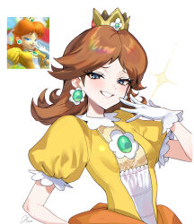 1girl absurdres blue_eyes breasts brown_hair dress earrings flower_earrings gloves grin half-closed_eyes haze_(ohw8g) highres jewelry mario_(series) medium_hair nintendo photo-referenced princess_daisy simple_background smile sparkle teeth upper_body white_background white_gloves yellow_dress