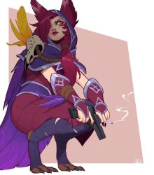 1girl bird_girl brown_background cape cigarette closed_mouth feather_cape green_(greeniris) gun highres holding holding_cigarette holding_gun holding_weapon hood hood_up league_of_legends long_hair orange_eyes red_hair red_lips rope skull_ornament squatting talons weapon white_background xayah