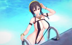 1girl 3d artist_request bikini black_bikini black_hair breasts cleavage highres long_hair pool red_eyes slingshot_swimsuit solo spy_x_family swimsuit water yor_briar