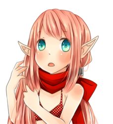 1girl bikini blue_eyes blush brushing_hair commentary_request expressionless long_hair looking_at_viewer lowres mechanic_(ragnarok_online) meiko_(nattu303) open_mouth pink_hair pointy_ears ragnarok_online red_bikini red_scarf scarf simple_background solo swimsuit upper_body white_background