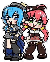 Rule 34 | 2girls, :3, :d, ahoge, animal ear headwear, asymmetrical legwear, bell, belt, beret, bkub, black gloves, black hat, black shoes, black thighhighs, blue belt, blue hair, blue socks, blush, breasts, cat hair ornament, collared shirt, crown, deformed, detached sleeves, dot nose, fake animal ears, frilled sleeves, frills, full body, gloves, grey hat, grey jacket, grey skirt, hair between eyes, hair ornament, hairclip, hat, highres, hololive, hoshimachi suisei, hoshimachi suisei (1st costume), jacket, medium hair, mismatched legwear, multiple girls, neck bell, official alternate costume, official alternate hairstyle, open mouth, outline, partially fingerless gloves, pink hair, plaid clothes, plaid hat, plaid jacket, plaid skirt, red skirt, sakura miko, sakura miko (casual), shirt, shoes, simple background, skirt, skirt set, smile, socks, star (symbol), teeth, thighhighs, three-quarter sleeves, tongue, upper teeth only, virtual youtuber, white background, white shirt, white sleeve cuffs, white sleeves