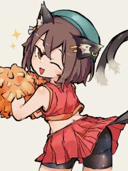 1girl :d ;d alternate_costume animal_ear_piercing animal_ears bike_shorts bike_shorts_under_skirt brown_eyes brown_hair cat_ears cat_tail cheerleader chen commentary_request cowboy_shot crop_top crossed_bangs earrings fang from_behind green_hat grey_hair hair_ornament hairclip hat highres holding holding_pom_poms jewelry looking_at_viewer looking_back multiple_tails nekomata one_eye_closed open_mouth pom_pom_(cheerleading) pom_poms red_shirt red_skirt shirt short_hair single_earring skirt smile solo sparkle tail touhou two_tails yoshiyuki_(14330975)