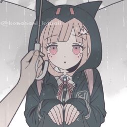 1girl :o black_jacket black_shirt brown_hair collared_shirt danganronpa_(series) danganronpa_2:_goodbye_despair galaga holding holding_umbrella hood hood_up hooded_jacket jacket komanami_kawaii long_sleeves medium_hair nanami_chiaki neck_ribbon pink_eyes pink_ribbon rain ribbon shirt solo_focus spaceship_hair_ornament two-tone_shirt umbrella watermark white_shirt