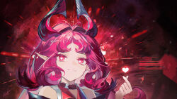 Rule 34 | 1girl, :3, arknights, bare shoulders, bright pupils, closed mouth, finger heart, hair intakes, hand up, heart, heart-shaped pupils, highres, horns, long hair, looking at viewer, maboroshi hane, nymph (arknights), pink eyes, pink hair, pointy ears, red background, signature, smile, solo, symbol-shaped pupils, upper body, very long hair