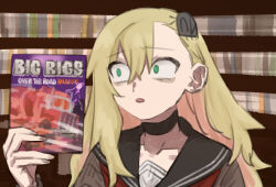 Rule 34 | 1girl, angry video game nerd, asymmetrical bangs, bad id, bad twitter id, bags under eyes, big rigs: over the road racing, black choker, black sailor collar, blonde hair, brown sweater, choker, collarbone, constricted pupils, dvd case, frown, furrowed brow, green eyes, hand up, holding case, inactive account, insect hair ornament, long hair, looking to the side, matangom, matangomu-chan, open mouth, original, parody, parody request, pillbug, sailor collar, school uniform, serafuku, solo, sweater, upper body, wide-eyed