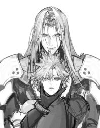 2boys armor chinese_commentary closed_mouth cloud_strife commentary_request final_fantasy final_fantasy_vii gloves greyscale hand_on_another&#039;s_chin highres long_hair looking_down looking_up male_focus monochrome multiple_boys parted_bangs parted_hair parted_lips pauldrons sephiroth short_hair shoulder_armor simple_background smile spiked_hair tiandayu2022 unfinished white_background yaoi