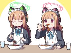 2girls animal_ear_headphones animal_ears apron blue_archive blue_bow blue_bowtie blunt_bangs bow bowl bowtie cat_ear_headphones commentary_request cup drink drinking_glass eating fake_animal_ears food food_on_face fork frilled_apron frills halo headphones highres holding holding_fork light_brown_hair long_sleeves looking_at_viewer maid maid_apron maid_headdress medium_hair messy midori_(blue_archive) midori_(maid)_(blue_archive) momoi_(blue_archive) momoi_(maid)_(blue_archive) multiple_girls official_alternate_costume official_alternate_hairstyle parted_bangs pasta red_eyes siblings sidelocks simple_background spaghetti table twins two-tone_background water white_apron yukimi_unagi