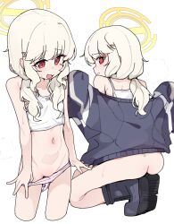 1girl absurdres aoba_(blue_archive) ass black_jacket blonde_hair blue_archive camisole commentary_request flat_chest from_behind halo highres jacket loli low_twintails medium_hair multiple_views navel panties panty_pull pearlgang_e pink_panties simple_background squatting stomach twintails underwear white_background white_camisole yellow_halo